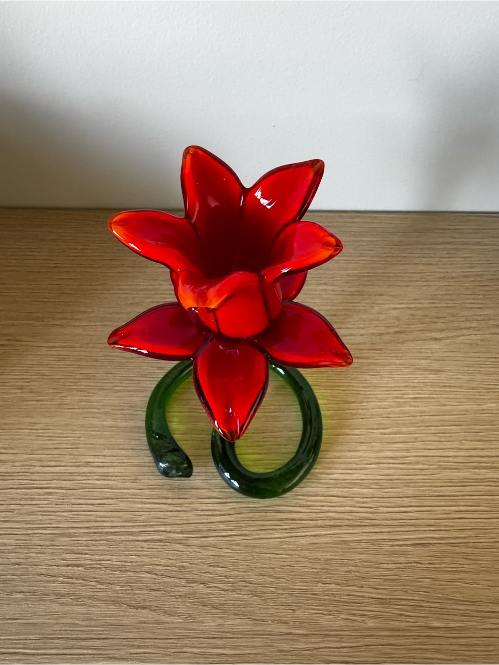 Red Glass Flower Sculpture or Candle Holder with Green Stem - Picture 4 of 9